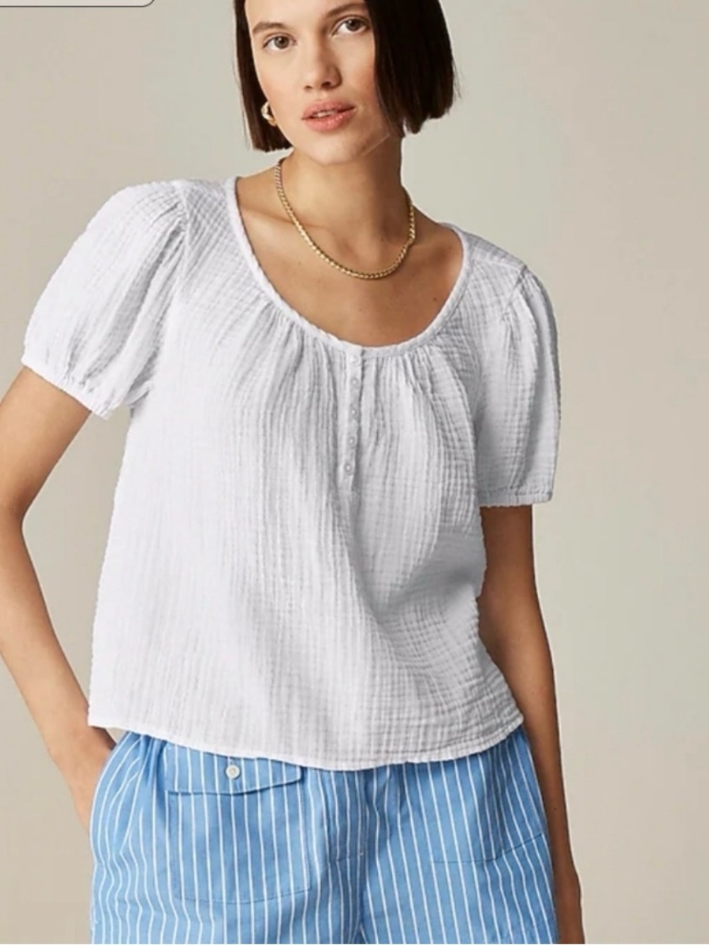 J. Crew White Gauze Puff-Sleeve Henley Top XS